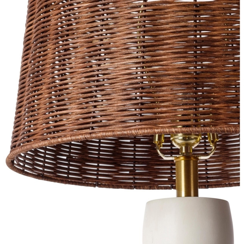 Coastal Table Lamp White Resin Base Rattan Drum Shade Gold Hardware