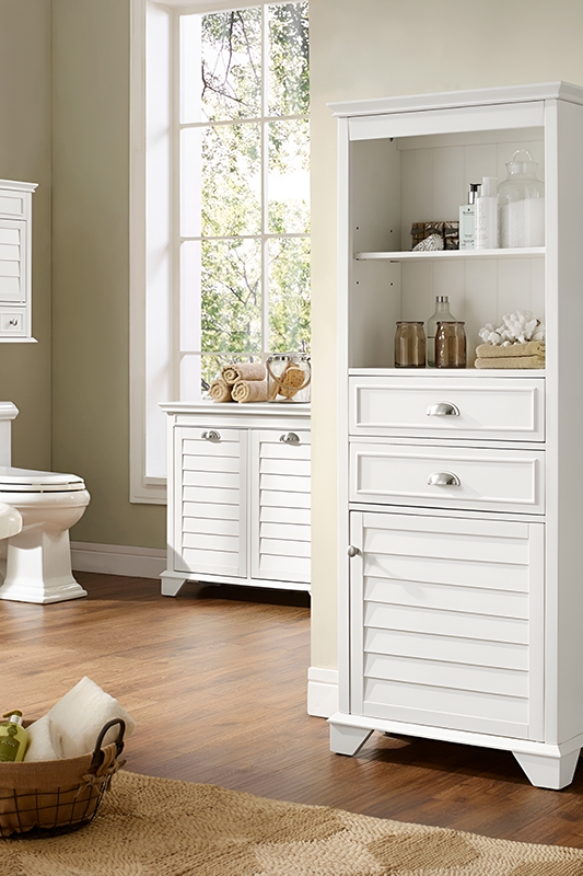 Coastal White Linen Cabinet with Louvered Doors and Cup Pulls