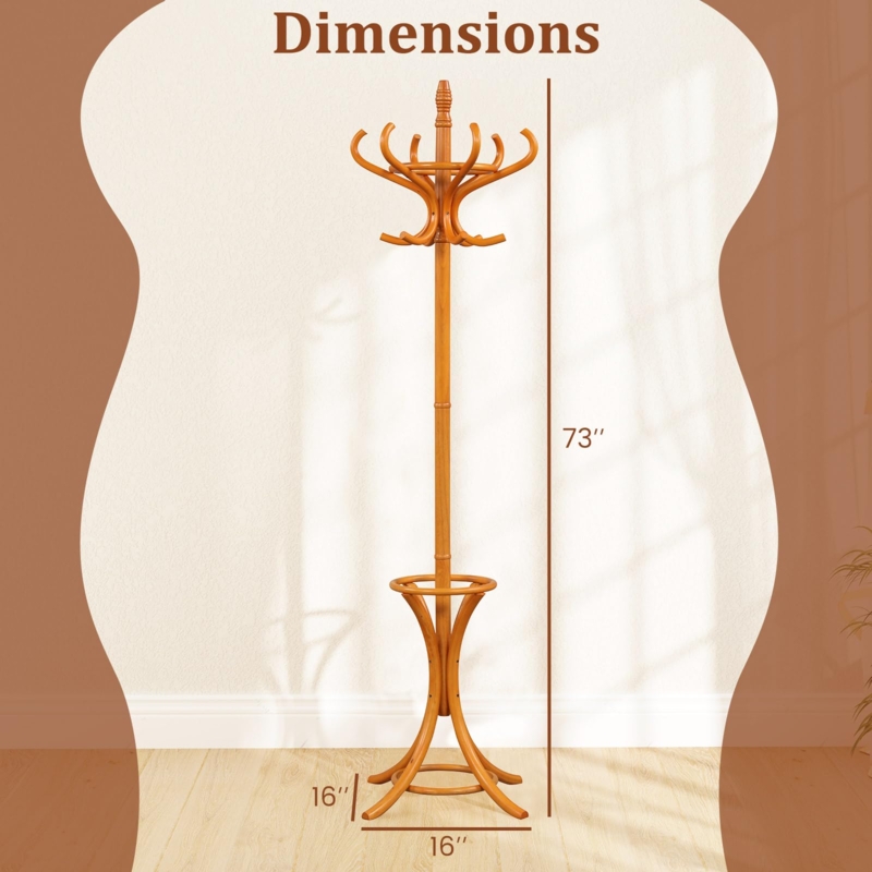 Coat Rack 73-Inch Tall Entryway Stand in Glossy Honey Brown Wood