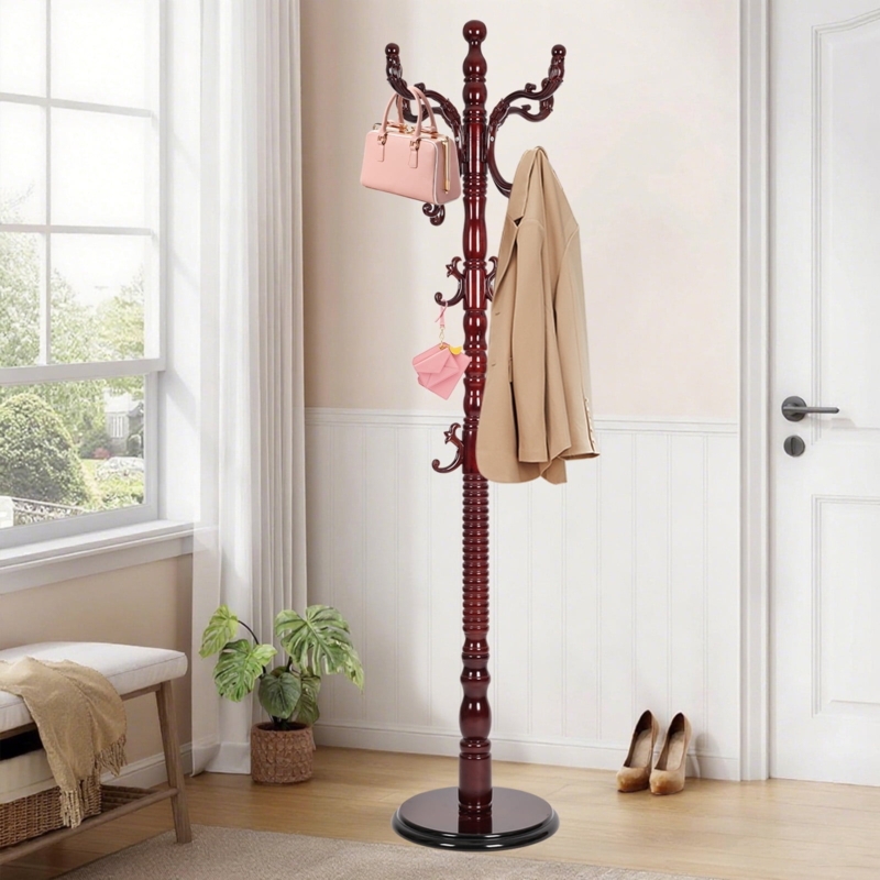 Coat Rack Classic Cherry Brown Finish with Ornate Scroll Hooks