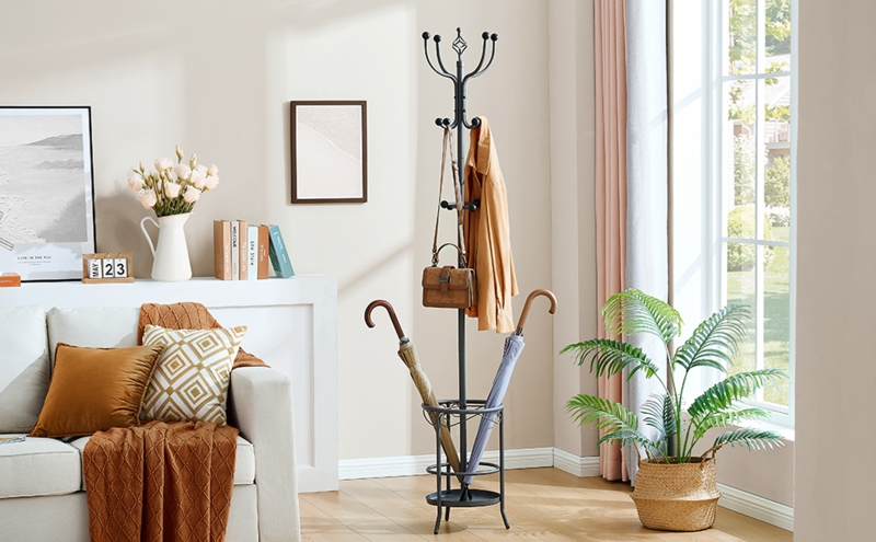 Coat Rack Dark Brown Metal with Sixteen Hooks and Scroll Detail