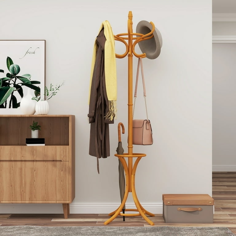 Coat Rack Honey Oak Hall Tree with Integrated Umbrella Stand