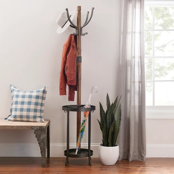 Coat Rack Industrial Chic Mixed Material with Walnut Wood and Metal