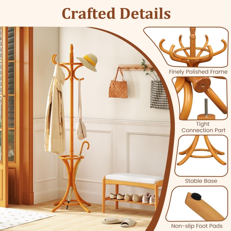 Coat Rack Polished Honey Wood with Shoe Bench Set and Umbrella Stand