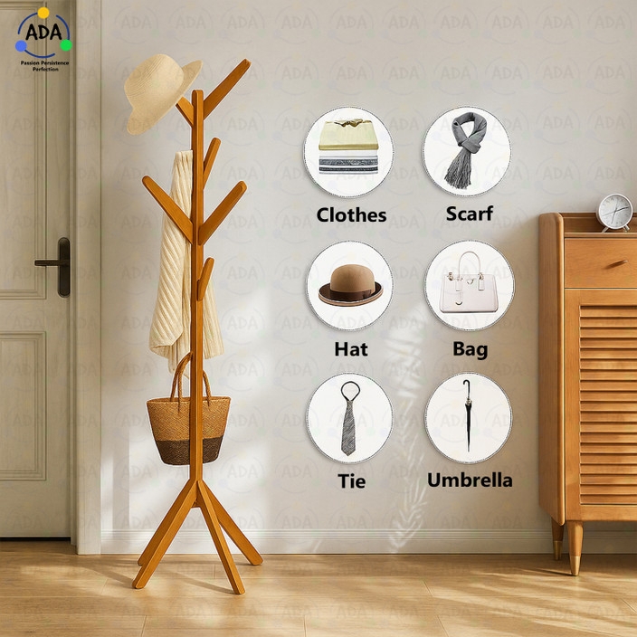 Coat Rack Scandi Minimalist Bamboo with Staggered Branch Hooks