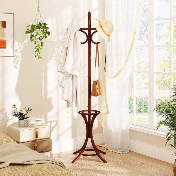 Coat Rack Walnut Brown with Flared Base and Bentwood Hooks
