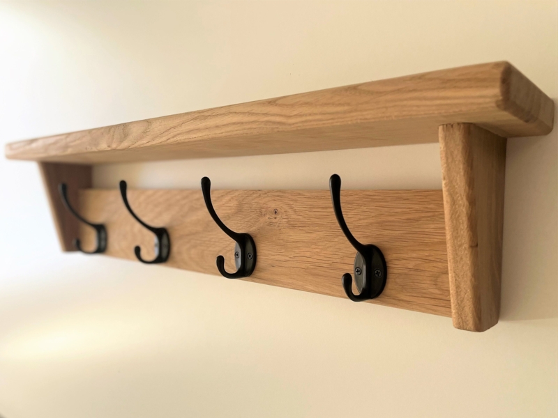 Coat Rack with Shelf, Oak, Cast Iron Hooks. Farmhouse entryway organizer.