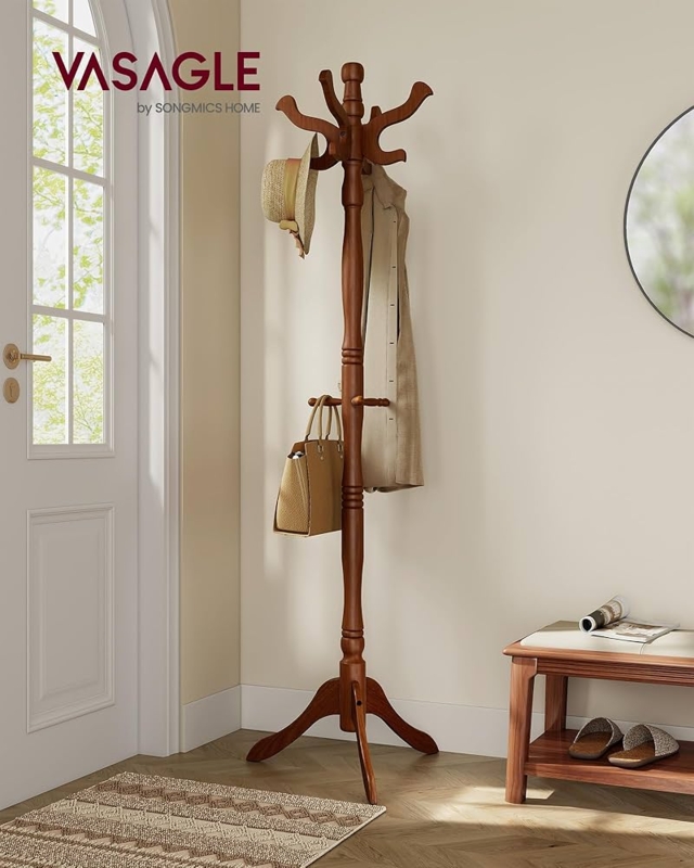 Coat Rack with Turned Wood Detailing in Caramel Brown Finish