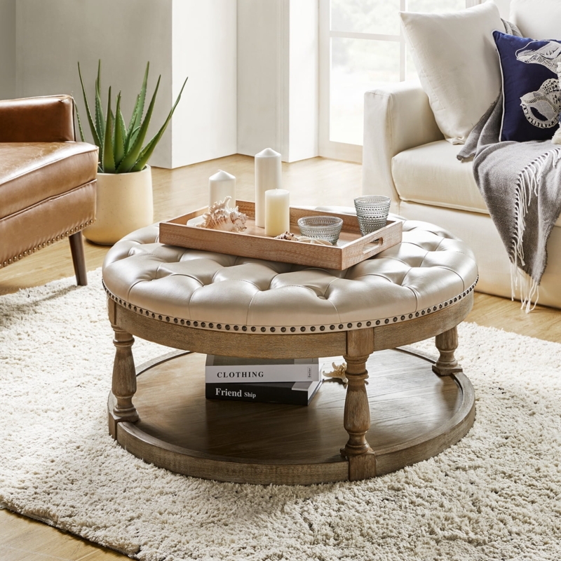 Cocktail Ottoman Round Beige French Country Turned Legs Nailhead Trim