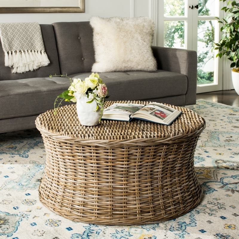 Cocktail Ottoman with Hourglass Base, Natural Wicker Round Coffee Table
