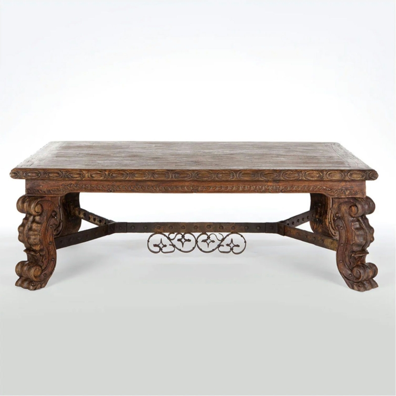 Cocktail Table with Ornate Iron Stretcher and Scrolled Legs