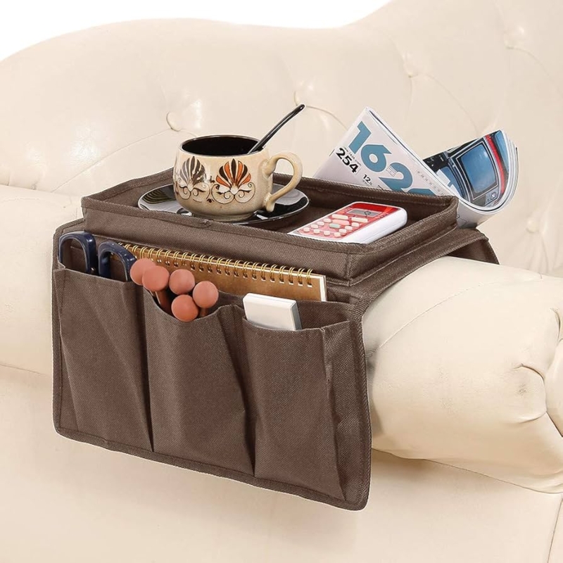 Coffee Brown Armrest Organizer Woven Fabric Integrated Tray Top