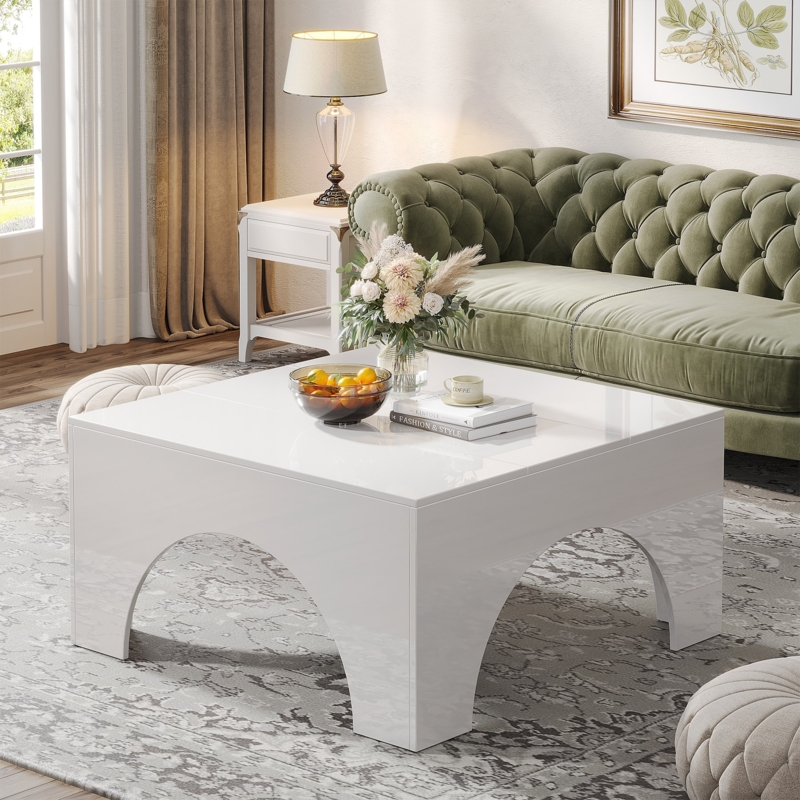 Coffee Table Arched Base High Gloss Square Blocky Silhouette