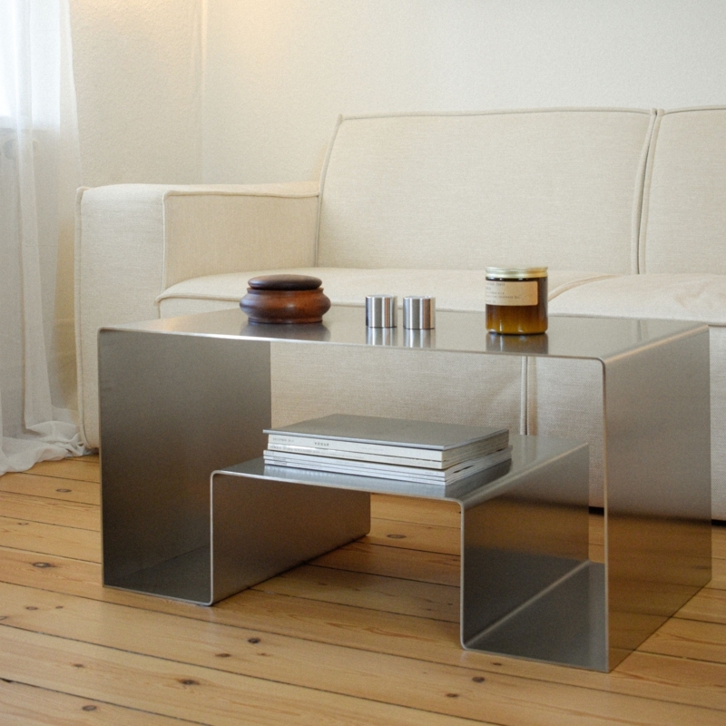 Coffee Table: Brushed Stainless Steel Waterfall Edge with Integrated Shelf