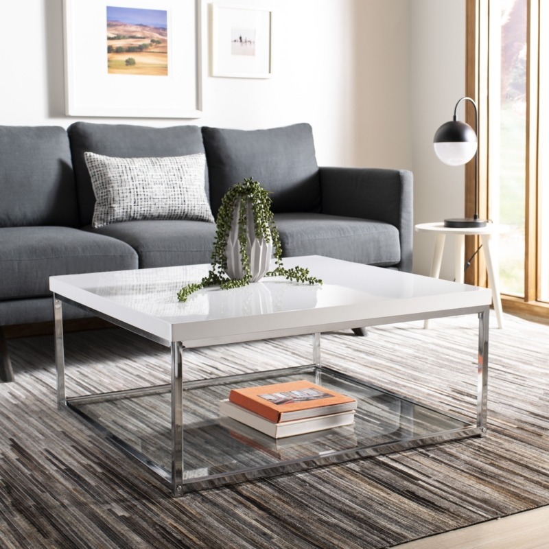 Coffee Table Chrome Frame High Gloss Square Glass Shelf Glam