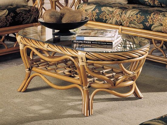 Coffee Table Coastal Oval Rattan Glass Top Twisted Rim Lattice Shelf