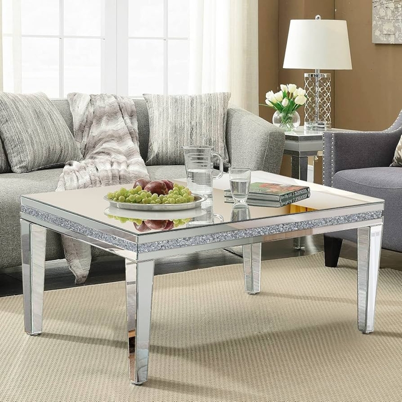 Coffee Table Crystal Inlay Mirrored Tapered Legs