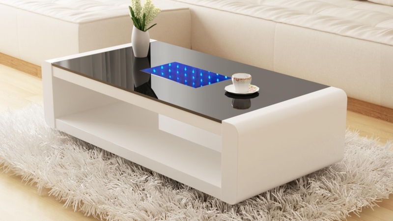 Coffee Table Curved Side Panels High Gloss White Black LED
