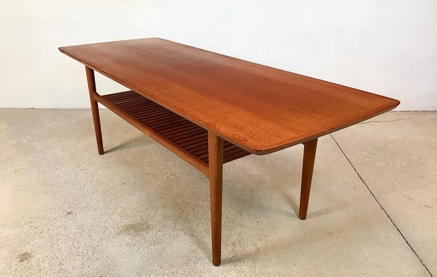 Coffee Table Danish Teak Slatted Shelf Tapered Legs Rounded Corners 1960s.