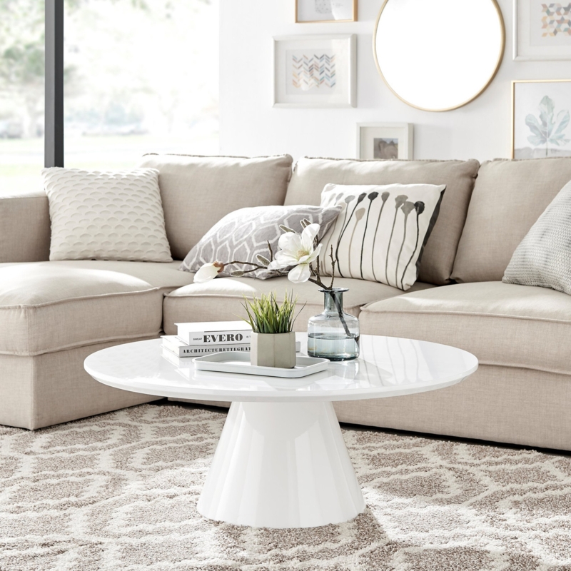 Coffee Table Fluted Base High Gloss White Round Pedestal Tapered