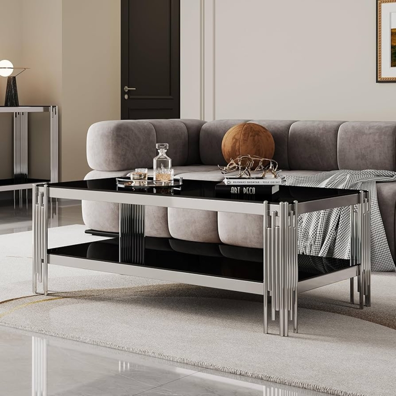 Coffee Table: Fluted Leg Glass Table with 2-Tier Black Storage