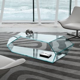 Coffee Table Geometric Prism Hexagonal Glass Mirrored Bottom Shelf