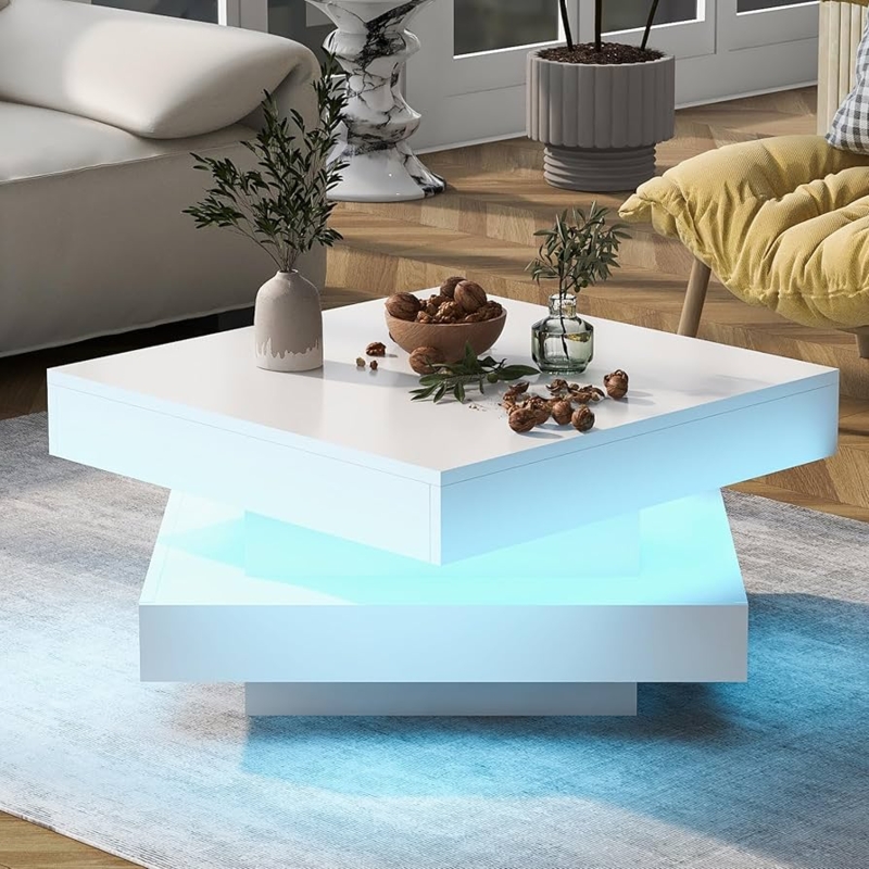 Coffee Table Geometric Silhouette High Gloss White Multi Tiered LED