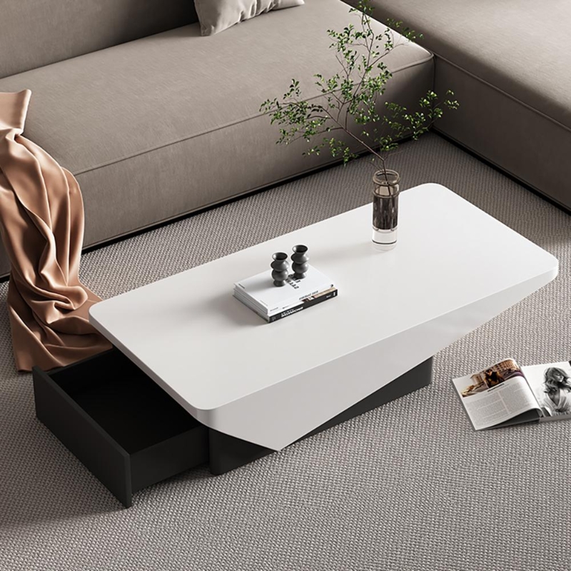 Coffee Table Geometric Slanted Base Glossy White Block Profile