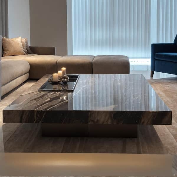 Coffee Table: Glossy Charcoal Stone Square Plinth Base