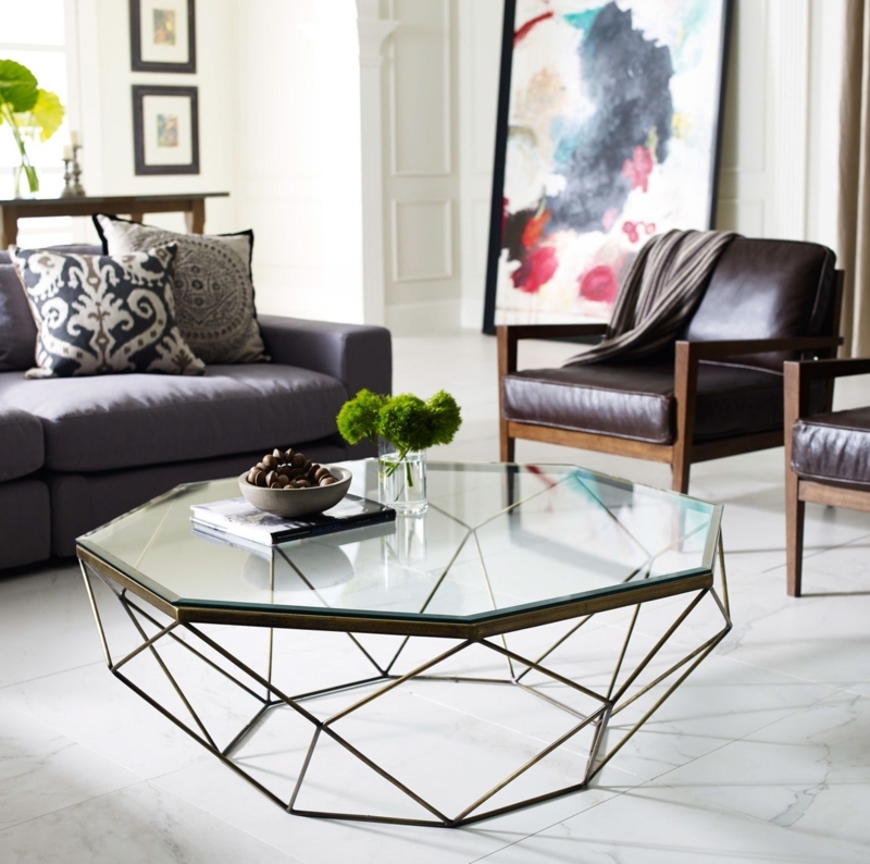 Coffee Table Hexagonal Glass Geometric Wire Frame Antique Gold Finish