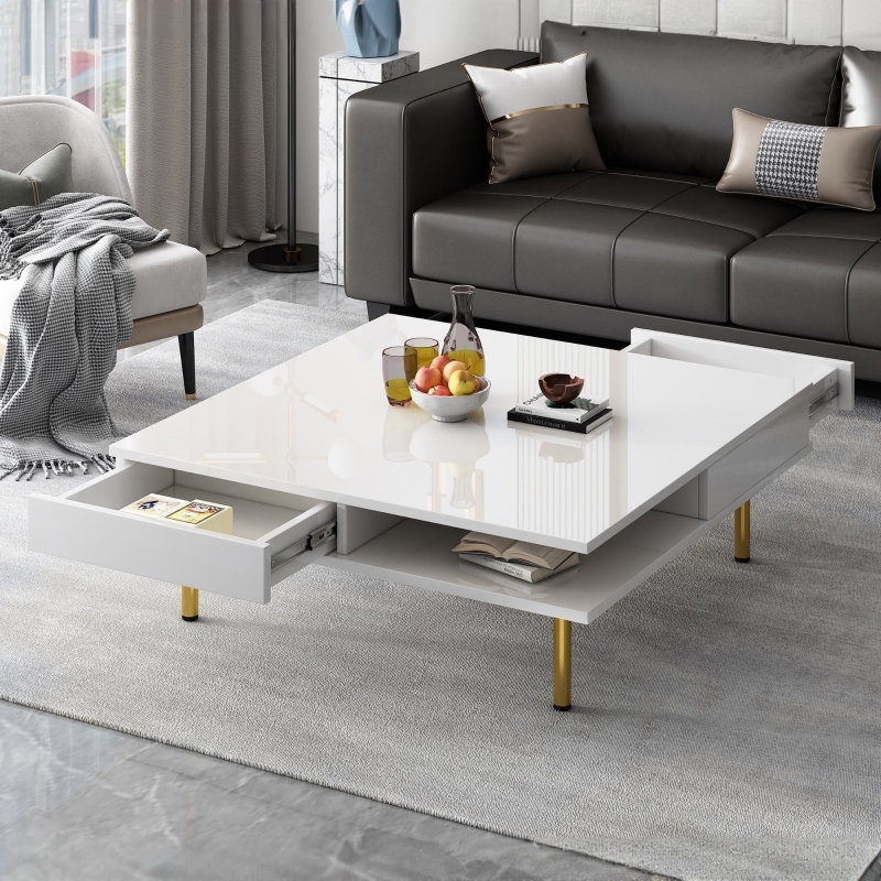 Coffee Table High Gloss Gold Metal Legs Square Glam