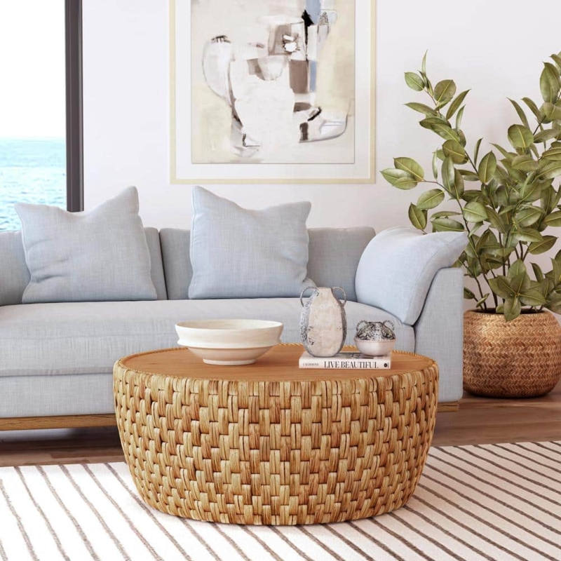 Coffee Table Large Round Natural Rattan Woven Drum Vertical Braid