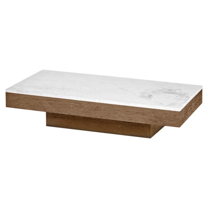 Coffee Table: Low Profile Cognac Wood Plinth Base, White Marble