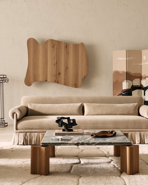 Coffee Table: Low Profile Rectangular Stone Chunky Wood Block Legs