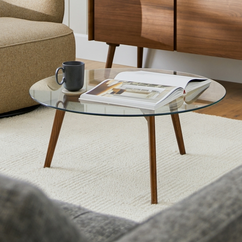 Coffee Table Mid-Century Round Glass Tapered Walnut Legs Tripod Base