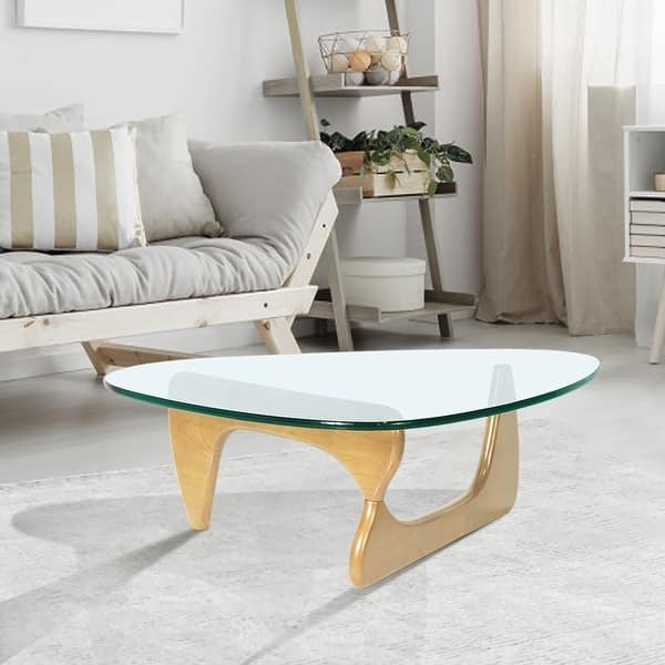 Coffee Table Mid-Century Triangle Glass Organic Curves Wood Base