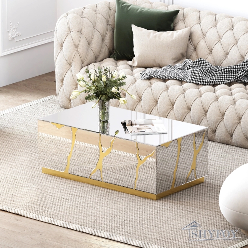 Coffee Table Mirrored Block Rectangular Gold Crackle Design