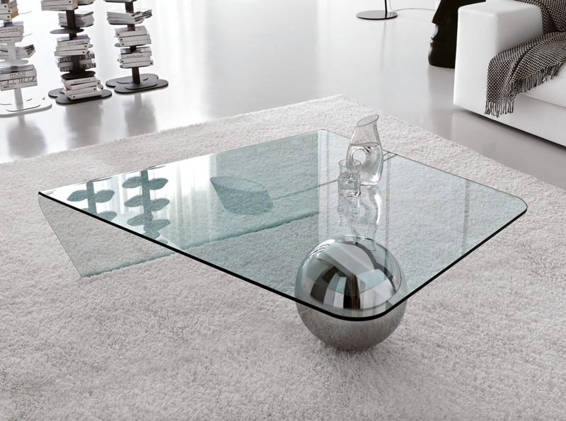 Coffee Table Modern Glass Cantilevered Polished Chrome Spherical Base