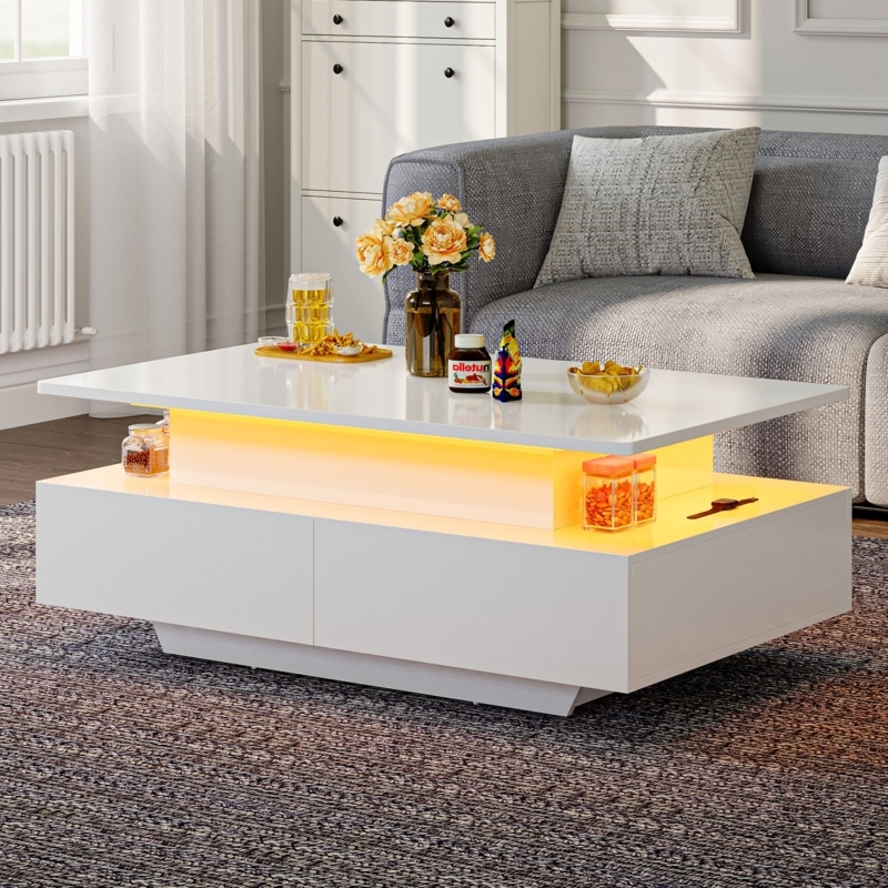 Coffee Table Modern Lift Top High Gloss White Integrated LED Glow