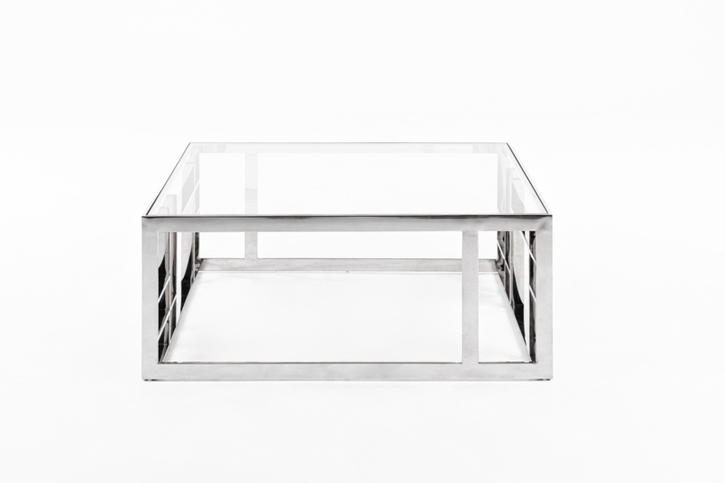 Coffee Table Modern Square Glass with Polished Metal Asymmetrical Base