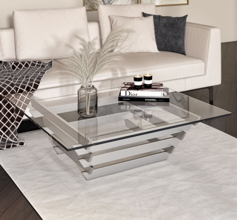 Coffee Table Modern Square Glass with Tiered Slat Silver Base