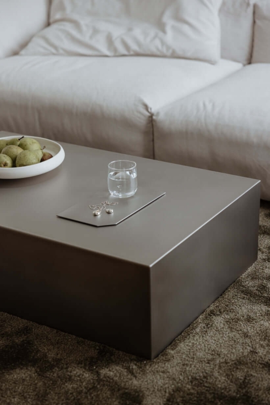 Coffee Table: Monolithic Metal Block with Sharp Edges, Taupe Grey