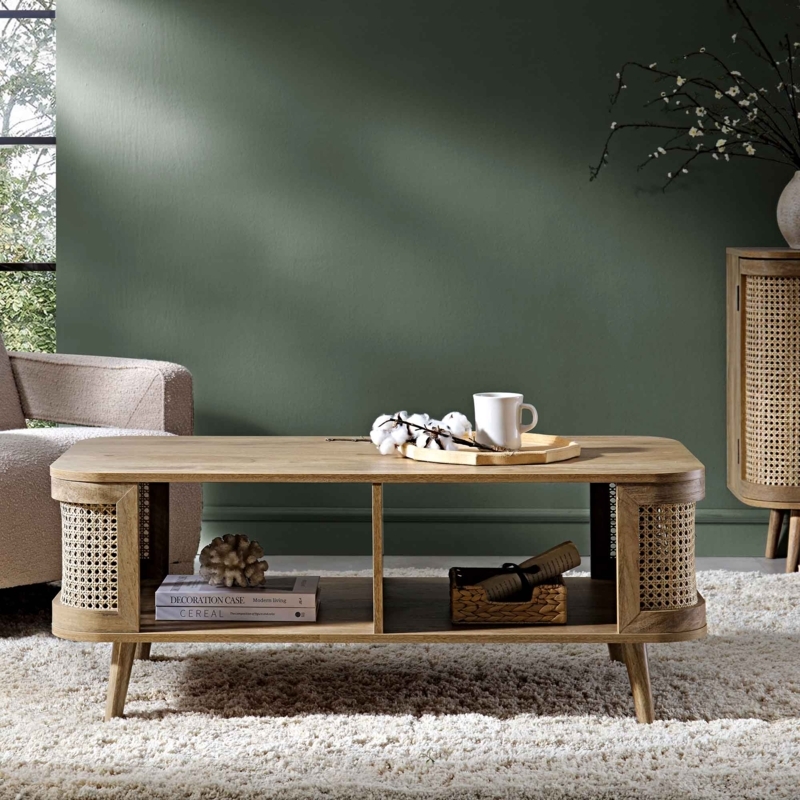 Coffee Table Natural Wood Curved Rattan Panels Tapered Legs