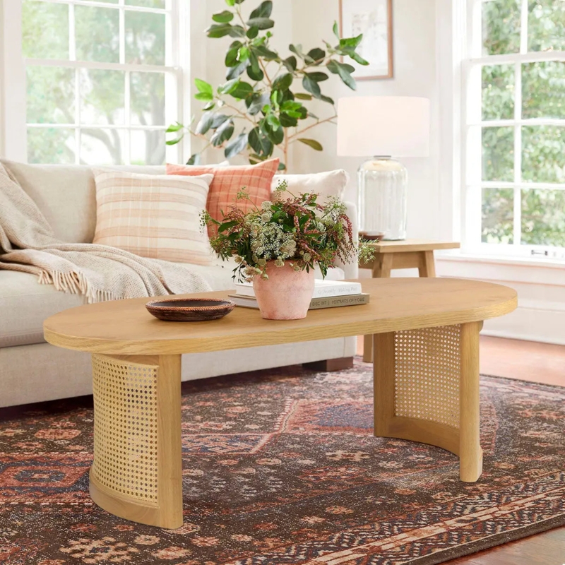 Coffee Table Oval Oak Wood Scandi Rattan Mesh Curved Legs