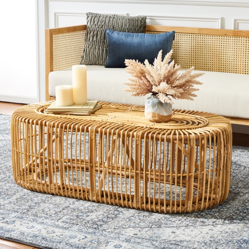 Coffee Table Oval Rattan with Vertical Slats Open Frame