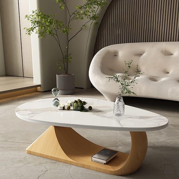 Coffee Table: Oval Sintered Stone Sculptural C-Base Burlywood