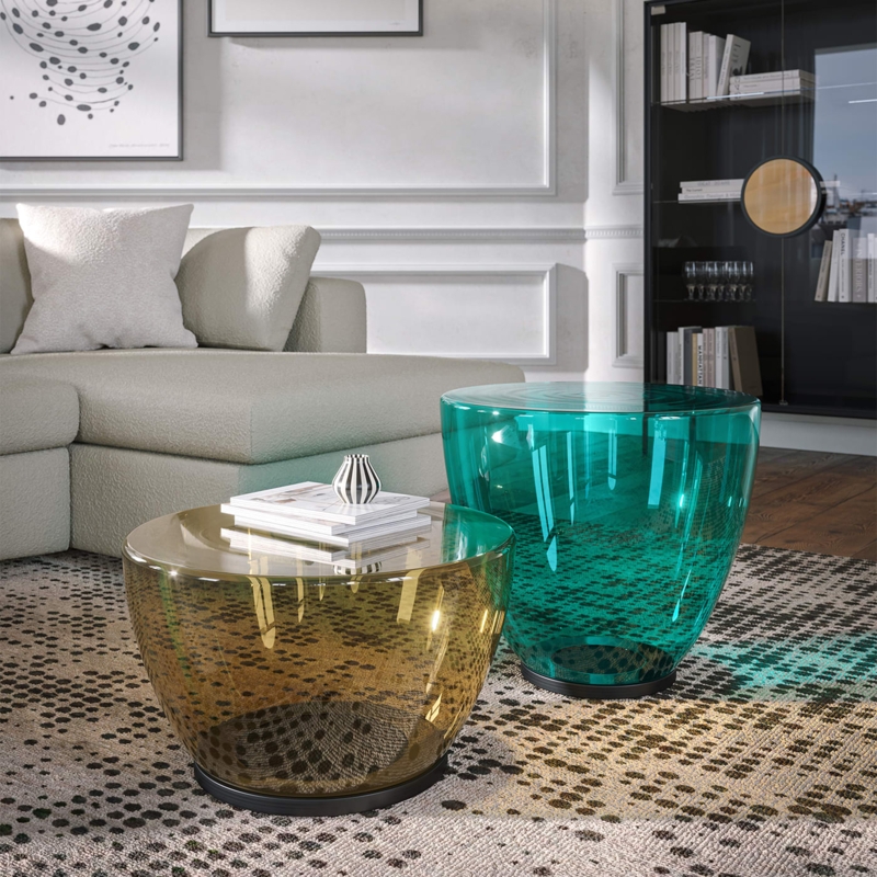 Coffee Table Peacock Green Glass Drum Silhouette Translucent