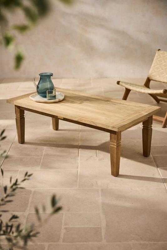Coffee Table Planked Wood Top Notched Legs Tapered Rustic Mediterranean.