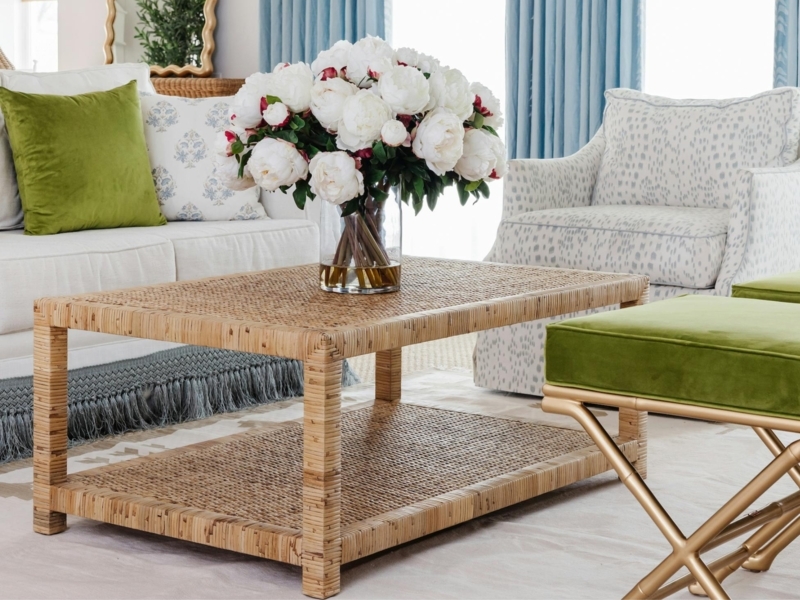 Coffee Table Rectangular Coastal Woven Cane Texture Lower Shelf