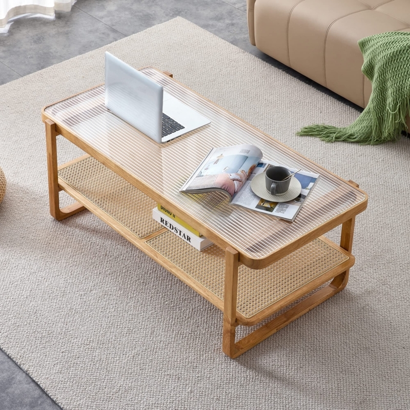 Coffee Table Rectangular Fluted Glass Top Rattan Shelf Sled Base